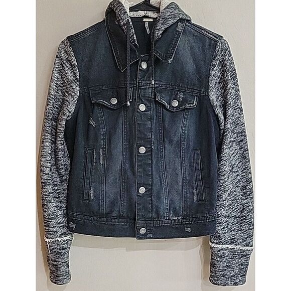 Free People Womens Black Jean Jacket Distressed Removable Hood Knit Sleeves Sz S - Picture 1 of 15